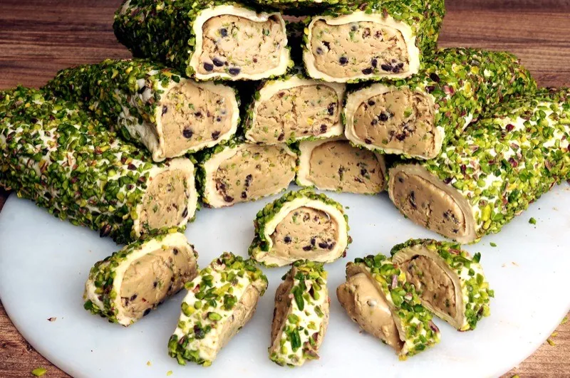 Rolled Angel Delight with Pistachios & Hazelnut Cream